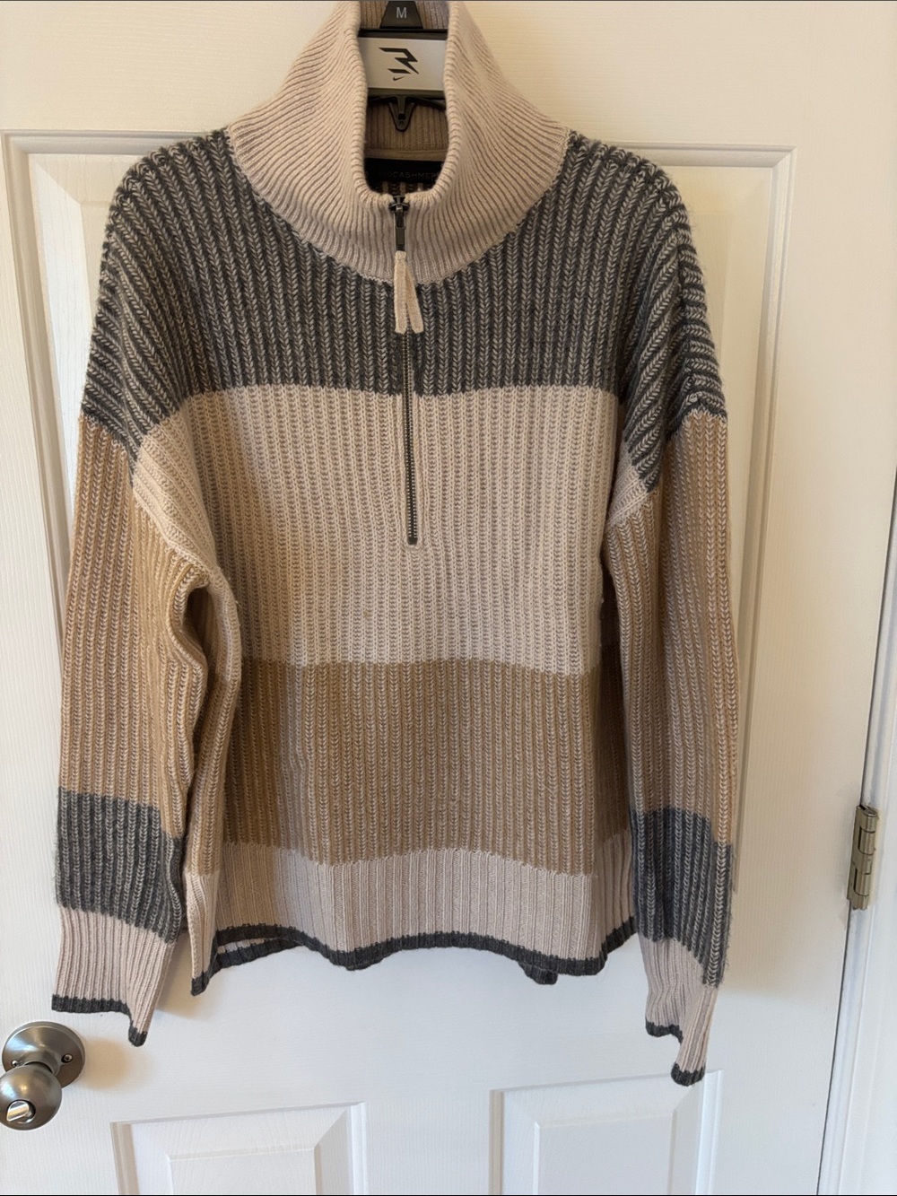360 Cashmere sweater with zipper high collar. Block colors of tan cream gray